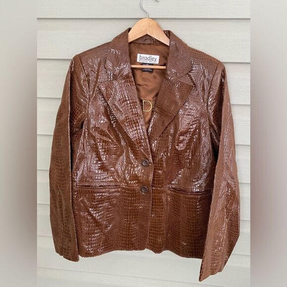 BRADLEY BAYOU brown leather coat shiny crocodile embossed Y2K Glam vintage sz L - Picture 7 of 14